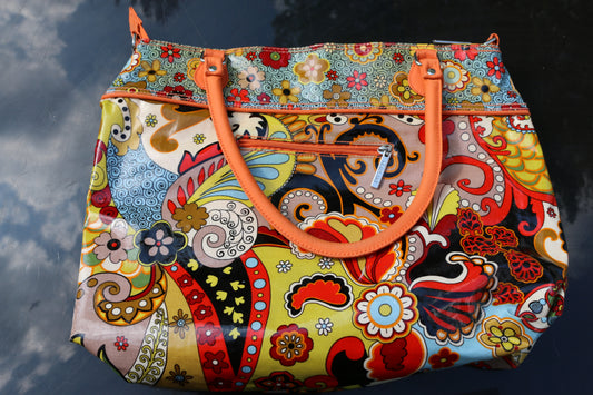 Hadaki Cool Tote Bag Coated Floral Stripe? Madeline? Orange 17”x12”x7”