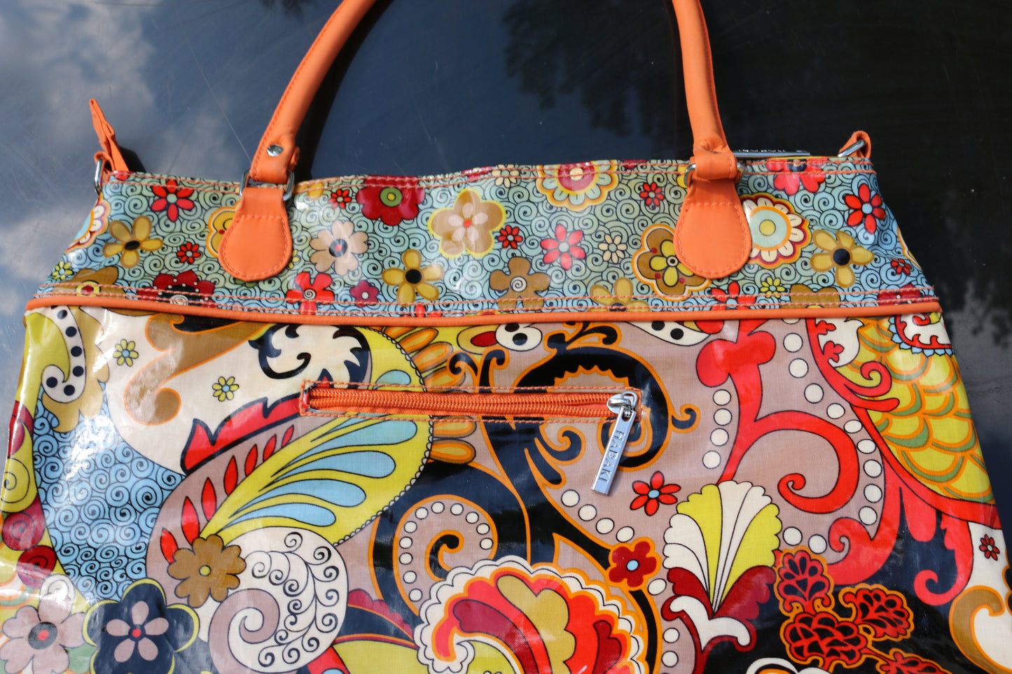 Hadaki Cool Tote Bag Coated Floral Stripe? Madeline? Orange 17”x12”x7”