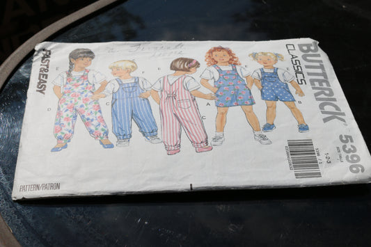 Butterick Sewing Pattern 5396 Toddlers' Jumper, Jumpsuit, Top, Size 4-6, 1991