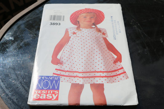 See & Sew 3893 Sewing Pattern Children’s Pullover Dress w/ Hat Size 2,3,4