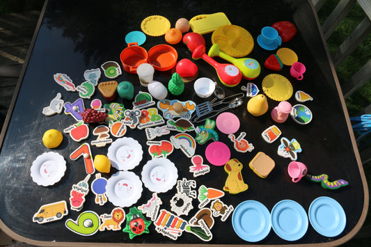 Huge lot mixed kitchen dolls toys plates, foods pre-school pretend-play