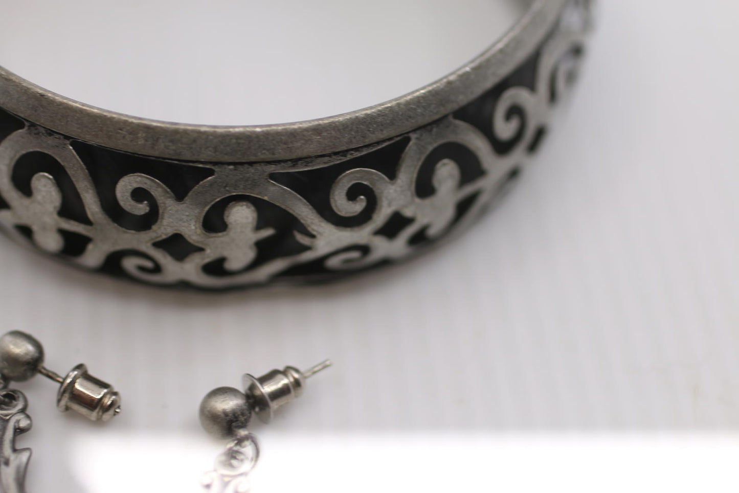 Vintage Silver Tone Filigree Cuff Bracelet & Dangle Earrings
