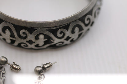 Vintage Silver Tone Filigree Cuff Bracelet & Dangle Earrings