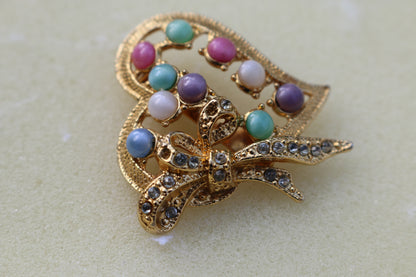 Vintage Faux white pearl & turquoise color gold tone hearth brooch Pin
