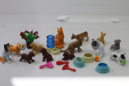 Miniature Dog Cat Figurine Lot Pet Playset Accessories Food Bowls set toys