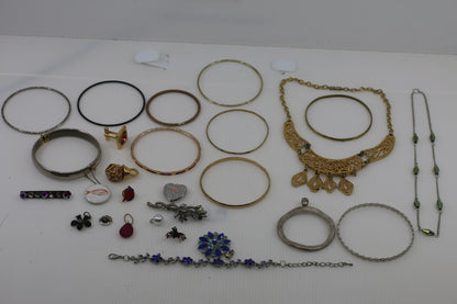 Large Vintage Costume Jewelry Lot – Bangles, Bracelets, Pendants, Charms & Necklace – Mixed Metals