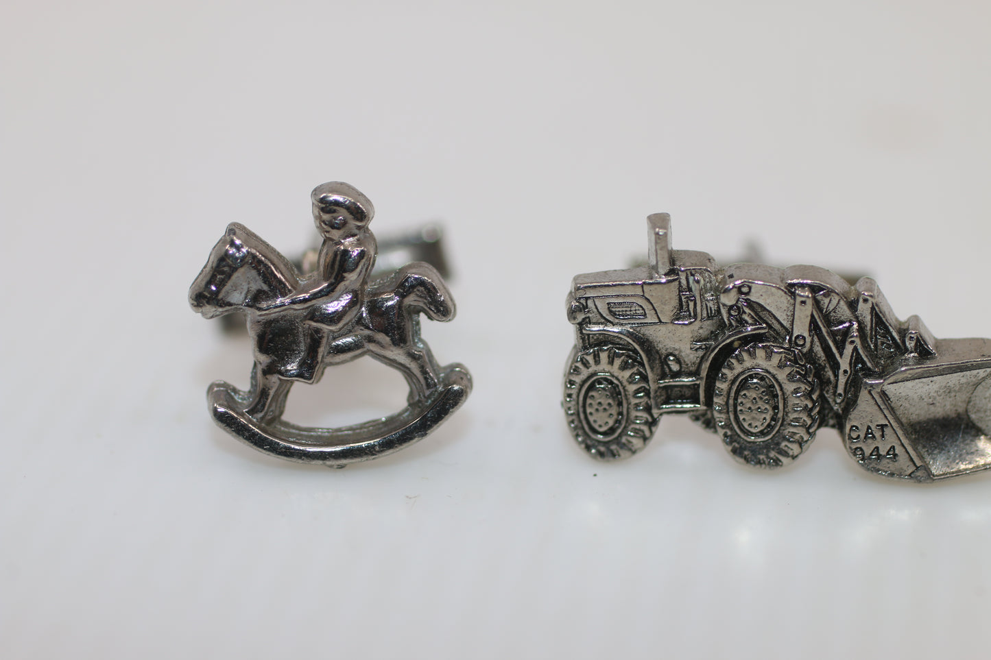 Vintage Caterpillar CAT 944 Cufflinks – Construction Loader & Rocking Horse – Silver Tone