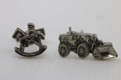 Vintage Caterpillar CAT 944 Cufflinks – Construction Loader & Rocking Horse – Silver Tone