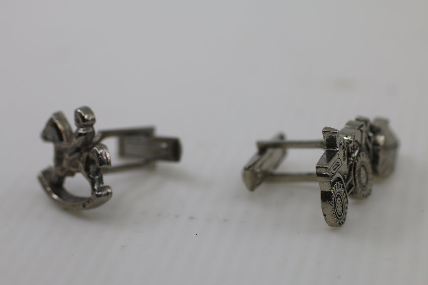 Vintage Caterpillar CAT 944 Cufflinks – Construction Loader & Rocking Horse – Silver Tone