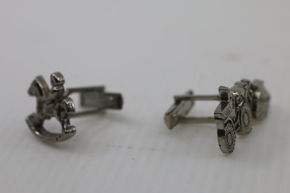 Vintage Caterpillar CAT 944 Cufflinks – Construction Loader & Rocking Horse – Silver Tone