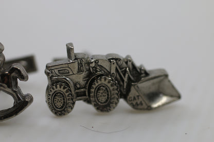 Vintage Caterpillar CAT 944 Cufflinks – Construction Loader & Rocking Horse – Silver Tone