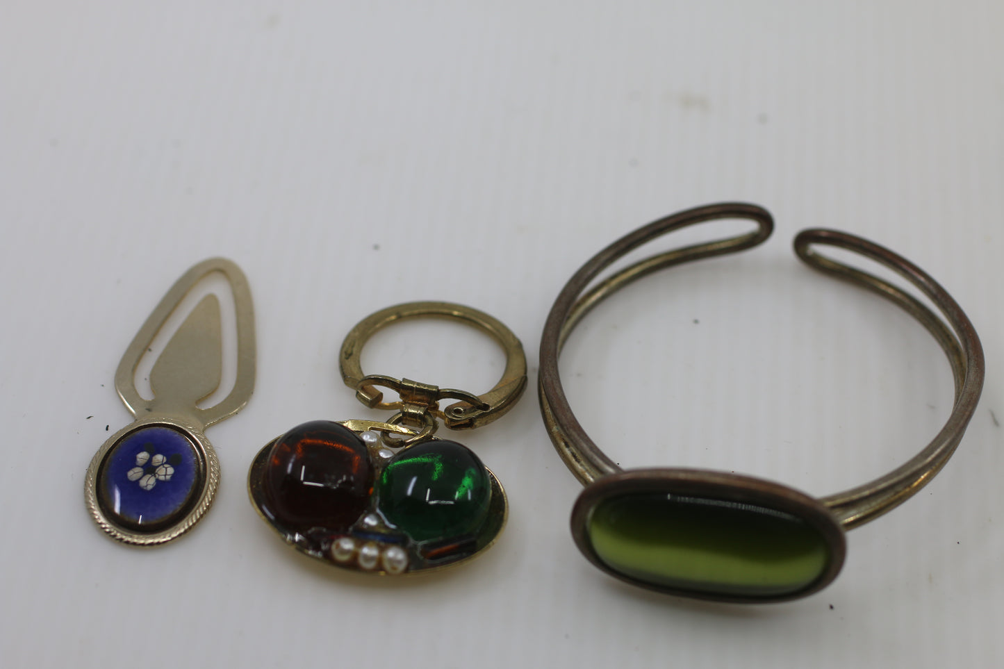 Vintage Mixed Jewelry & Trinket Lot — Cuff Bracelet, Keychain Pendant & Metal Bookmark