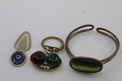 Vintage Mixed Jewelry & Trinket Lot — Cuff Bracelet, Keychain Pendant & Metal Bookmark