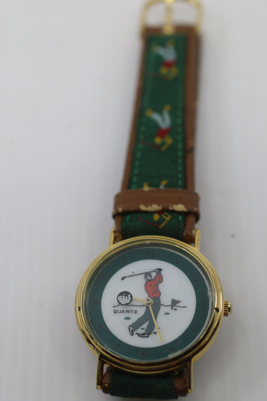 Vintage Majestron Quartz Golf Watch – Golfer Dial – Genuine Leather Strap – Needs Battery