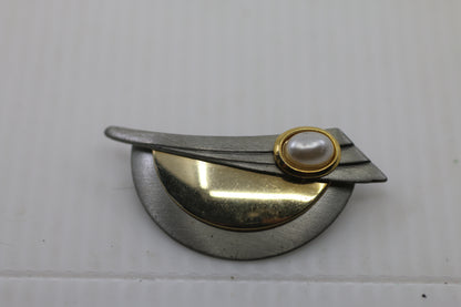 Modern Geometric Pearl Accent Brooch / Pin – Silver & Gold Tone Abstract Design