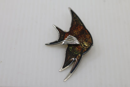 Vintage Enamel Fish Brooch – Abstract Design – Gold & Silver Tone – Mid-Century Style