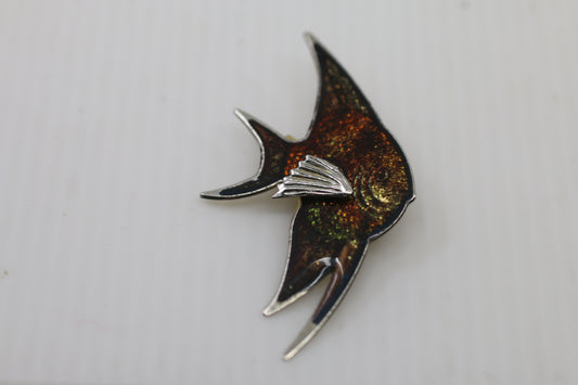 Vintage Enamel Fish Brooch – Abstract Design – Gold & Silver Tone – Mid-Century Style