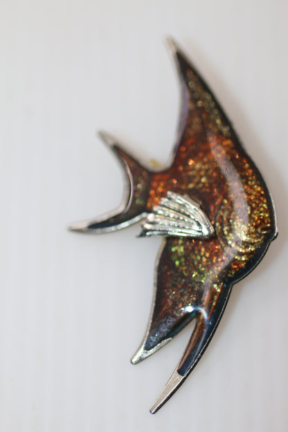 Vintage Enamel Fish Brooch – Abstract Design – Gold & Silver Tone – Mid-Century Style