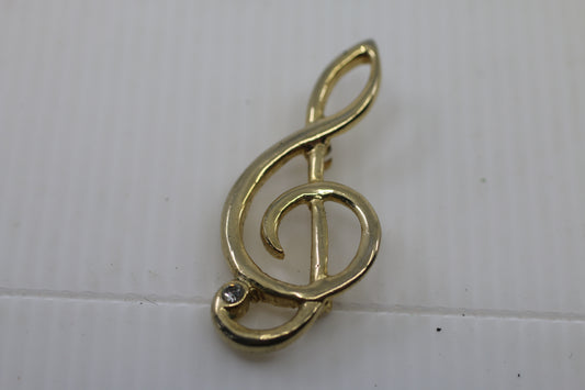Vintage Gold Tone Treble Clef Brooch Signed AH Music Note Pin