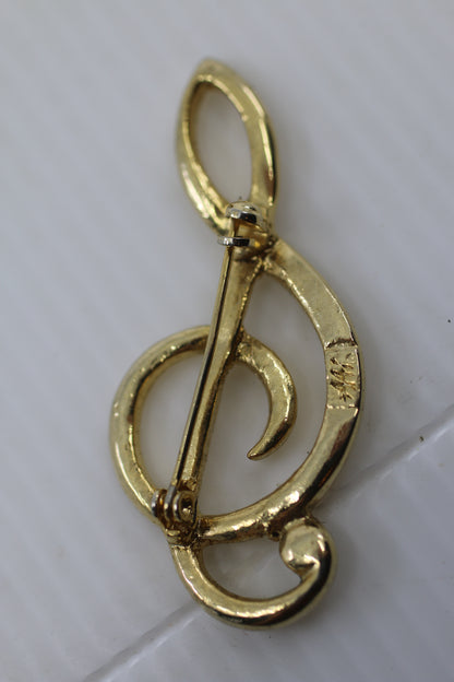 Vintage Gold Tone Treble Clef Brooch Signed AH Music Note Pin