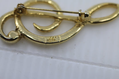 Vintage Gold Tone Treble Clef Brooch Signed AH Music Note Pin