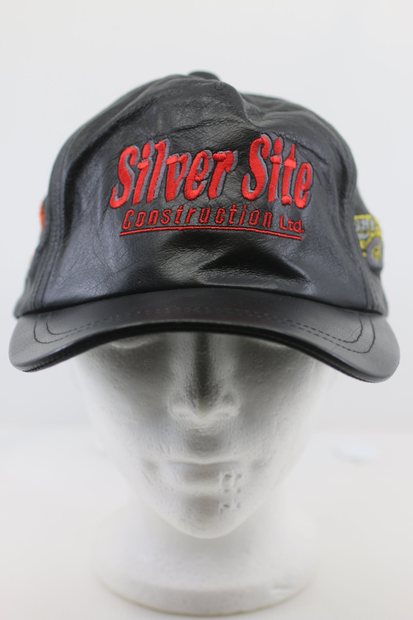 Vintage Black Leather Construction Cap Silver Site Embroidered Adjustable