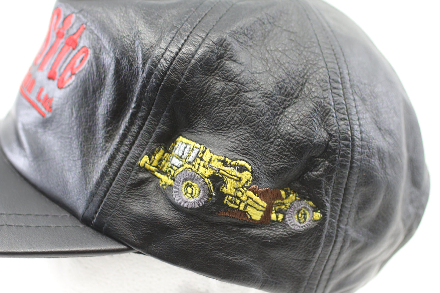 Vintage Black Leather Construction Cap Silver Site Embroidered Adjustable