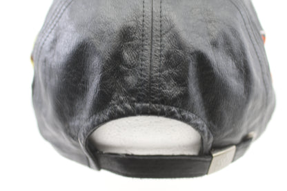Vintage Black Leather Construction Cap Silver Site Embroidered Adjustable