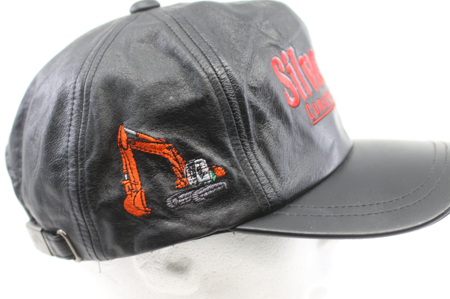 Vintage Black Leather Construction Cap Silver Site Embroidered Adjustable