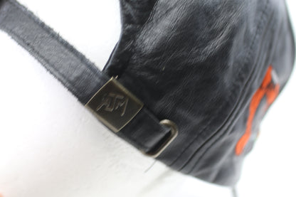 Vintage Black Leather Construction Cap Silver Site Embroidered Adjustable