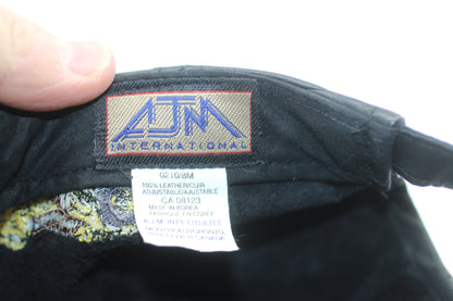 Vintage Black Leather Construction Cap Silver Site Embroidered Adjustable