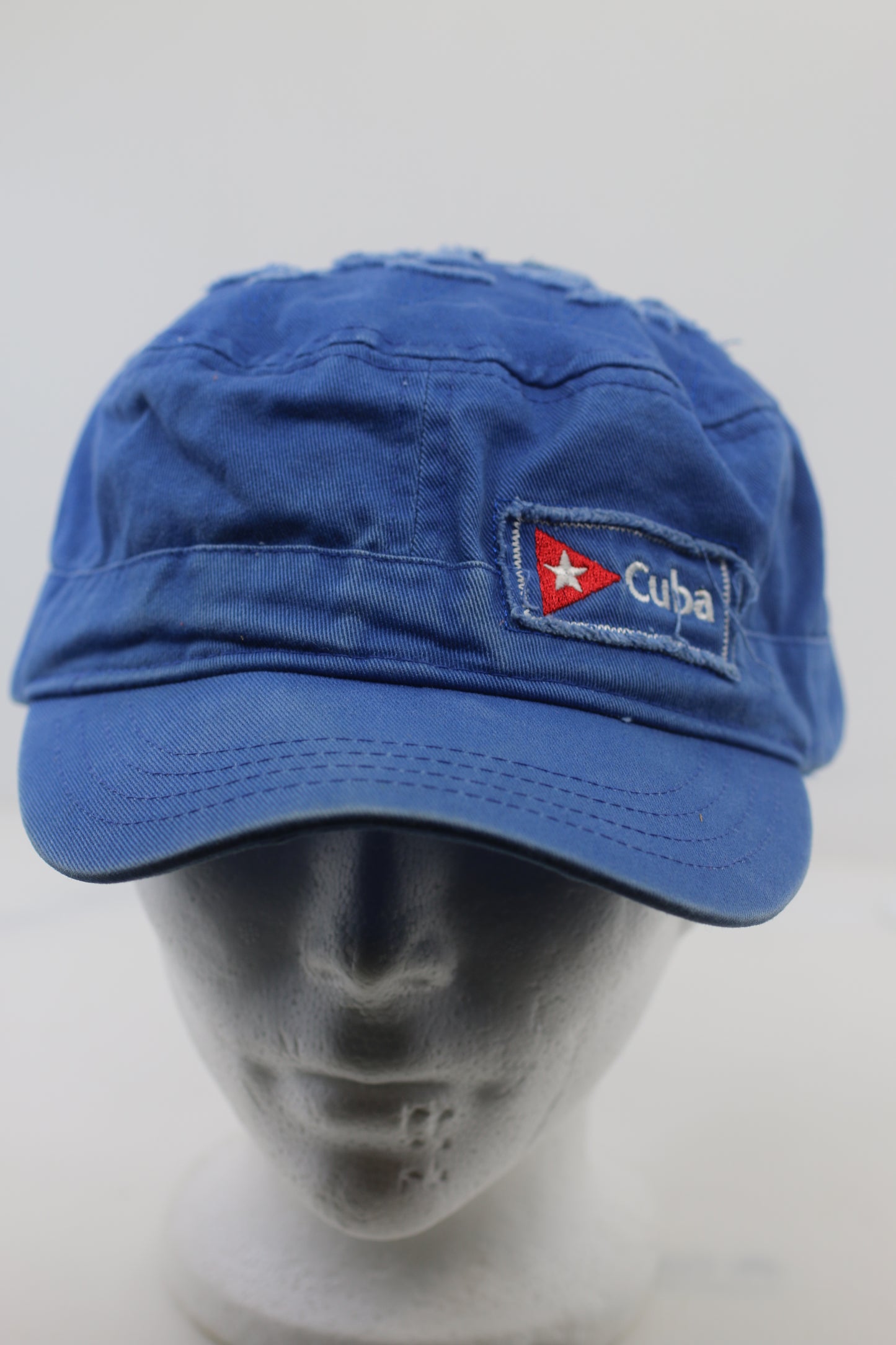 Vintage Cuba Blue Military Style Cap Distressed Cotton Adjustable