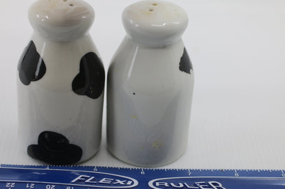 Vintage Black & White Dairy Cow Milk Jug Salt & Pepper Shakers 3”T x 1 3/4” Dia.