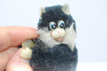 Vintage Small Plush Cat Figurine with Blue Eyes pencil hugger clip toy