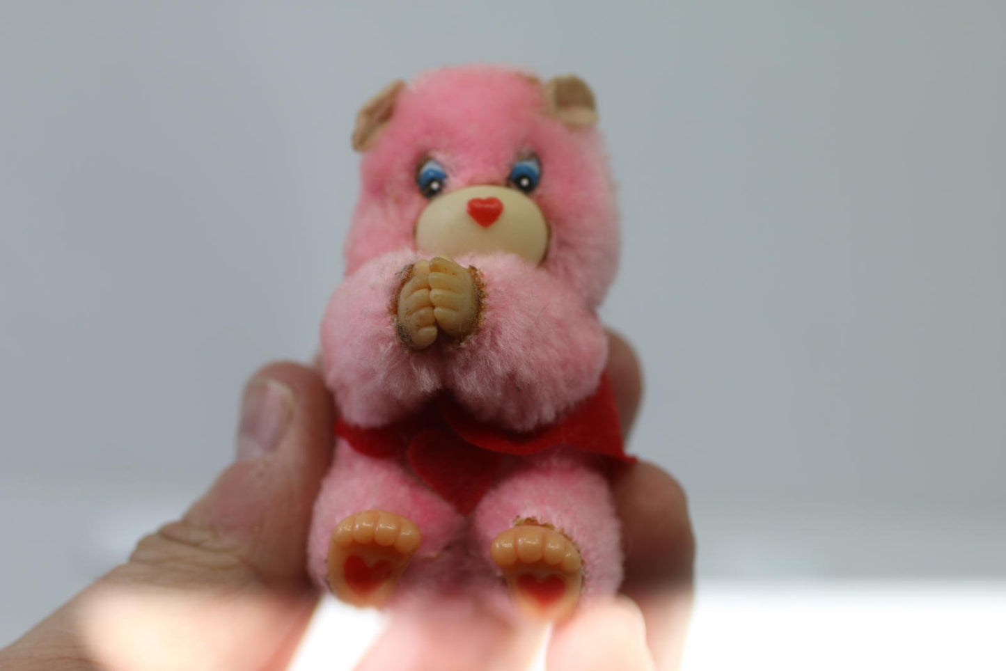 Vintage Pink Plush Bear Figurine w/ Red Heart Clip toy I love you Pencil Hugger