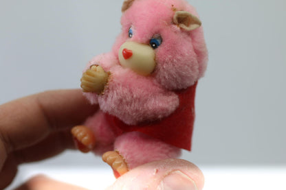 Vintage Pink Plush Bear Figurine w/ Red Heart Clip toy I love you Pencil Hugger