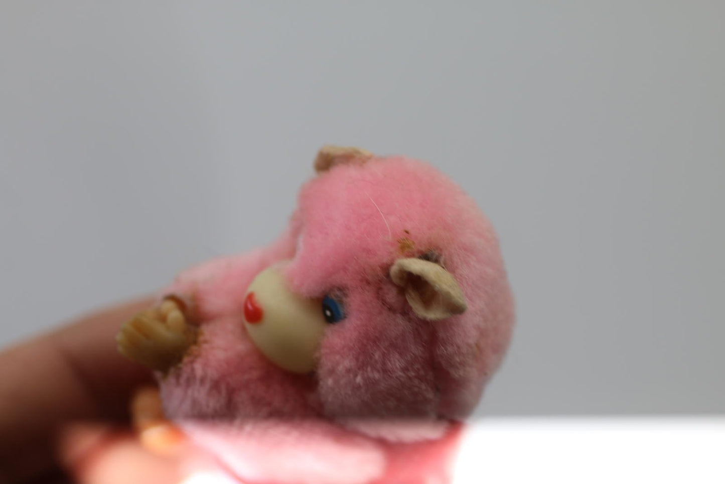 Vintage Pink Plush Bear Figurine w/ Red Heart Clip toy I love you Pencil Hugger
