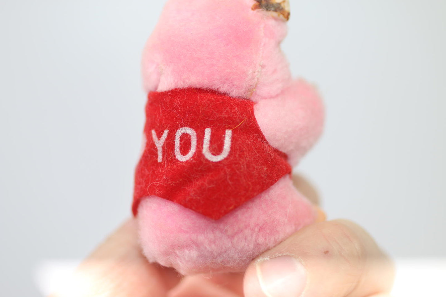 Vintage Pink Plush Bear Figurine w/ Red Heart Clip toy I love you Pencil Hugger