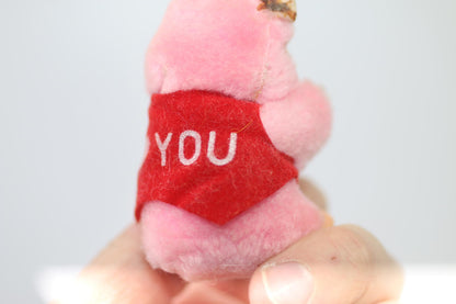Vintage Pink Plush Bear Figurine w/ Red Heart Clip toy I love you Pencil Hugger