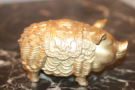 Vintage Chinese Gilt Brass Wealth Pig Feng Shui Zodiac Boar Coin Statue 6.4” Heavy