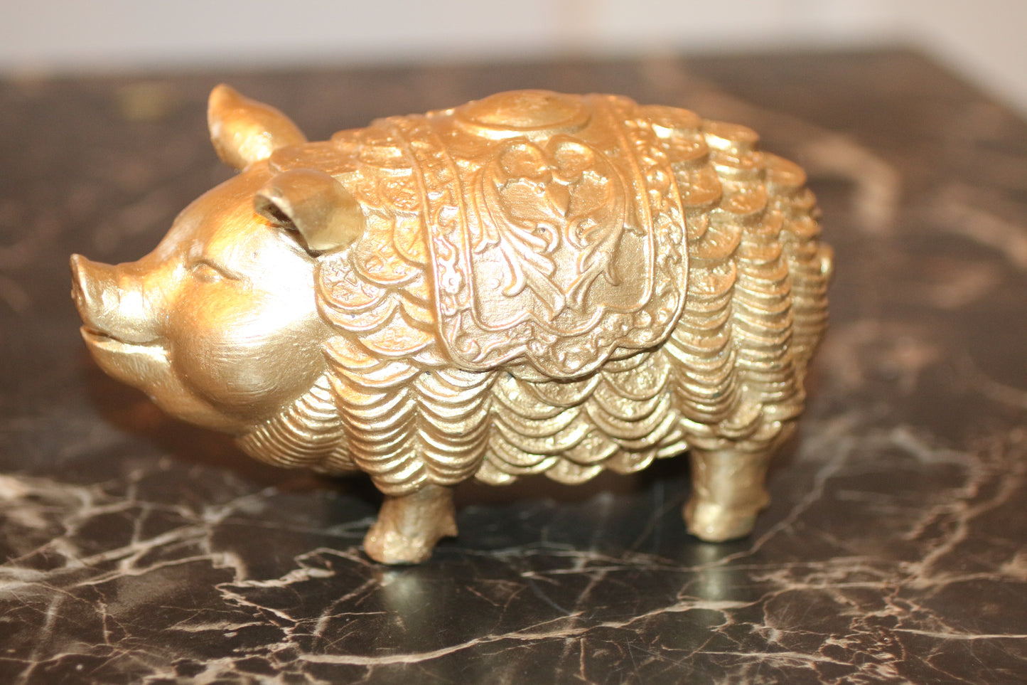 Vintage Chinese Gilt Brass Wealth Pig Feng Shui Zodiac Boar Coin Statue 6.4” Heavy