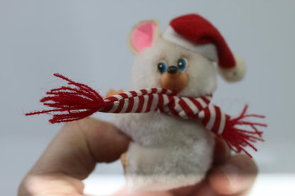 Vintage Plush Mouse Figurine with Santa Hat and Scarf pencil hugger toy clip