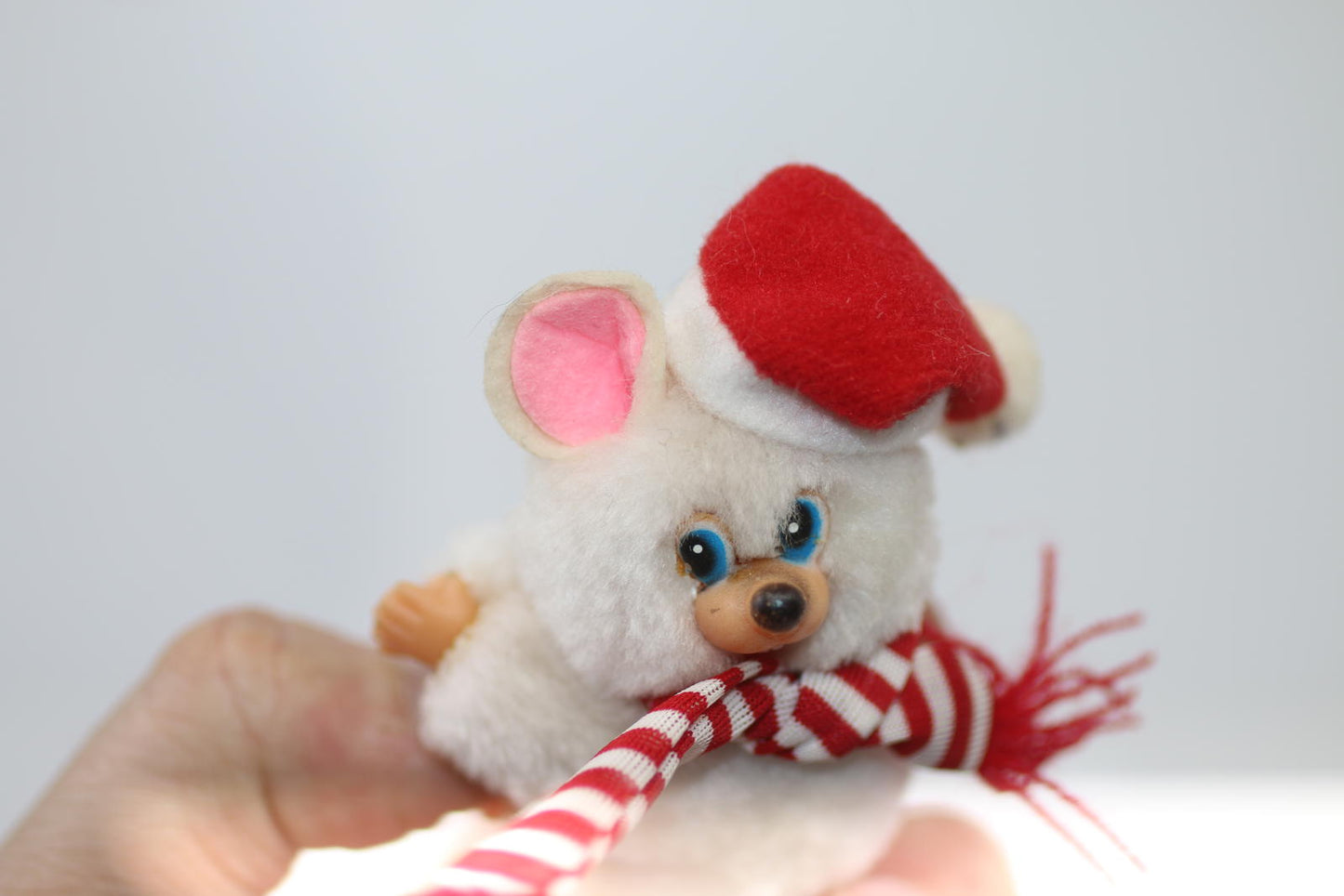 Vintage Plush Mouse Figurine with Santa Hat and Scarf pencil hugger toy clip