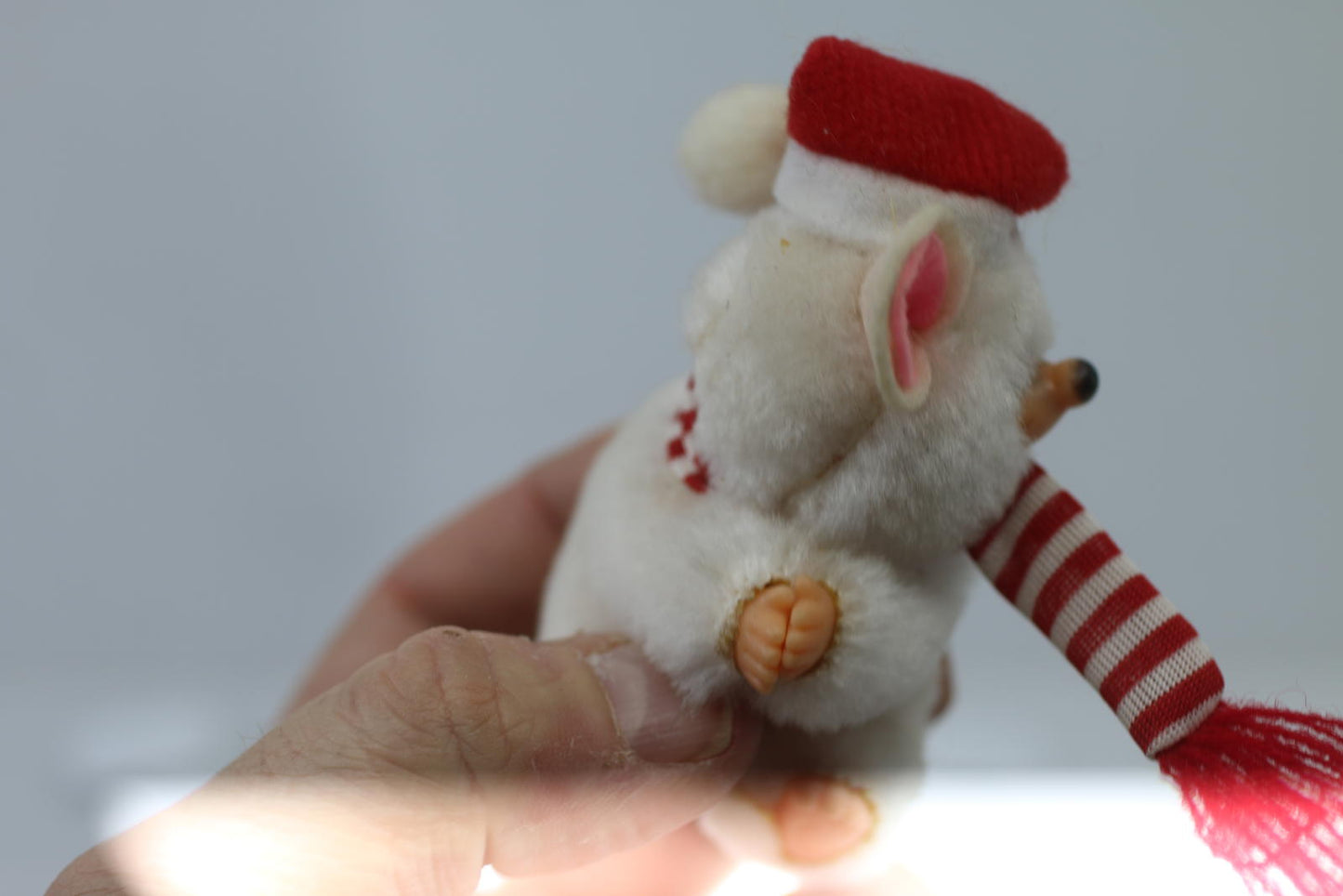 Vintage Plush Mouse Figurine with Santa Hat and Scarf pencil hugger toy clip