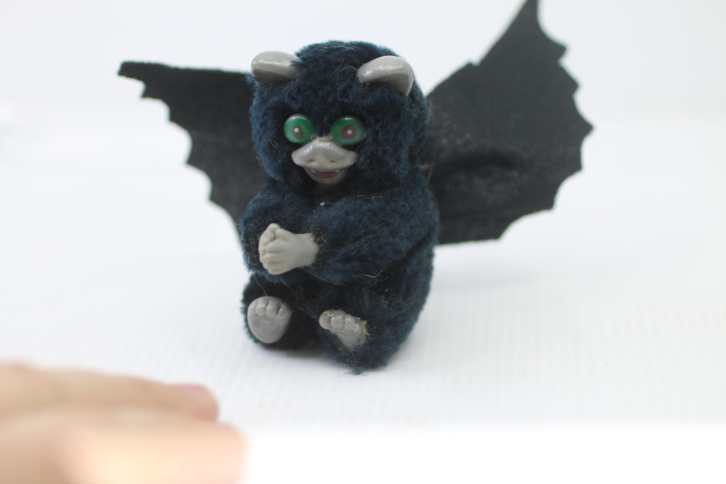 Vintage Small Black Furry Bat Figurine with Green Eyes Pencil toy hugger clip