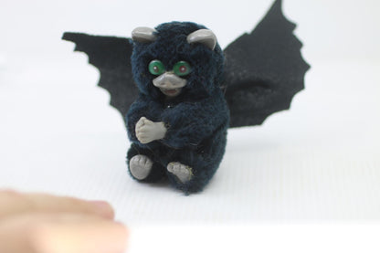 Vintage Small Black Furry Bat Figurine with Green Eyes Pencil toy hugger clip