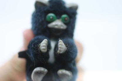 Vintage Small Black Furry Bat Figurine with Green Eyes Pencil toy hugger clip