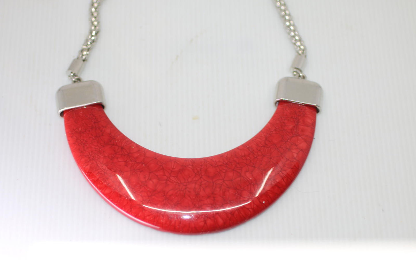 Vintage Red Crescent Statement Necklace Marbled Resin Bib