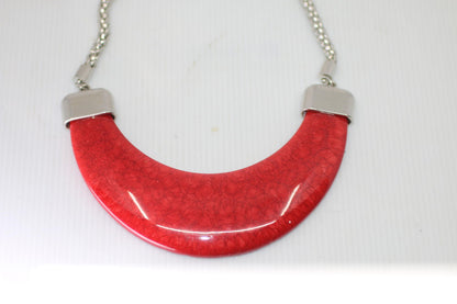 Vintage Red Crescent Statement Necklace Marbled Resin Bib