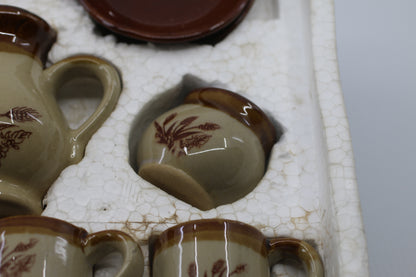 12 piece Stoneware Vintage Childs Toy Tea Set Brown Pottery Wheat Design Cups